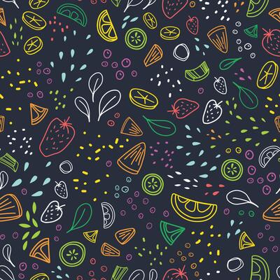 Modern seamless pattern with pieces of delicious vegetables, tropical fruits and berries drawn with colorful outlines on black background. illustration for wrapping paper, textile print.