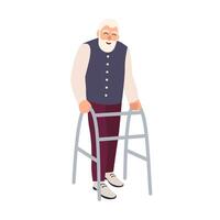 Joyful elderly man with walking frame or walker isolated on white background. Old bearded male character with physical disability or impairment. Colorful illustration in flat cartoon style. vector