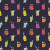 Colorful seamless pattern with refreshing soft drinks, tasty juices or smoothies in glasses, jugs, jars and bottles on black background. illustration for wrapping paper, textile print. vector