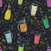 Seamless pattern with delicious vegan drinks, tasty juices or smoothies made of berries, fruits and vegetables on black background. illustration for wrapping paper, fabric print, wallpaper. vector