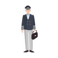 Smiling civilian aircraft pilot, aircrew captain, aviator or airman dressed in uniform. Cheerful male cartoon character isolated on white background. Colorful illustration in flat style. vector