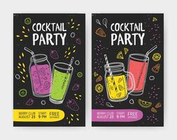Set of flyer or cocktail party invitation templates with tasty soft drinks or refreshing tropical fruit beverages in jars and glasses with straws. Colored illustration for event advertisement. vector