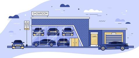 Facade of auto showroom or vehicle local distribution and automobiles parked beside it. Modern building of car dealership with window. Automotive retail. Colorful illustration in flat style. vector