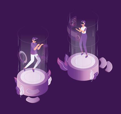Boy and girl enjoying effects of virtual reality glasses. Young man and woman in VR headsets exploring cyber space. Modern innovative electronic device. Colorful isometric illustration.