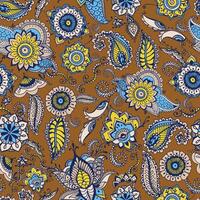 Floral paisley seamless pattern with traditional Persian buta motif and mehndi elements on brown background. Stylized illustration for textile print, wallpaper, wrapping paper, backdrop. vector