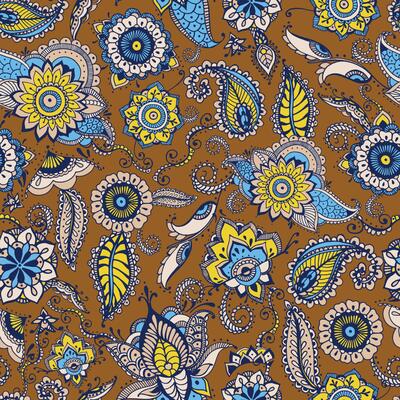Floral paisley seamless pattern with traditional Persian buta motif and mehndi elements on brown background. Stylized illustration for textile print, wallpaper, wrapping paper, backdrop.