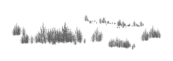 Woody landscape with silhouettes of deciduous trees and shrubs. Horizontal panorama with thicket of forest plants. Decorative design element in black and white colors. Monochrome illustration. vector