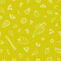 Seamless pattern with slices of tasty berries, vegetables and tropical fruits drawn with contour lines on green background. Trendy illustration for wrapping paper, fabric print, wallpaper. vector