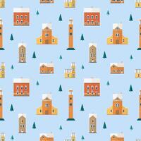 Seamless pattern with old buildings, clock towers, spruce trees. Backdrop with city houses of European architecture. Colorful illustration in flat cartoon style for wrapping paper, wallpaper. vector