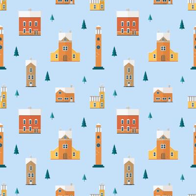 Seamless pattern with old buildings, clock towers, spruce trees. Backdrop with city houses of European architecture. Colorful illustration in flat cartoon style for wrapping paper, wallpaper.