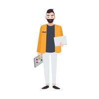 Graphic, web or interior designer or creative worker holding color palette and laptop. Smiling male cartoon character isolated on white background. Colored illustration in flat style. vector