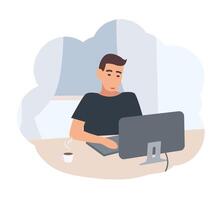 Young man sitting at desk and surfing internet on computer. Male character spending time at home in evening. Scene from daily life of ordinary person. illustration in flat cartoon style. vector