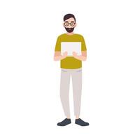 Smiling programmer, coder, web developer, software engineer or IT worker holding laptop. Happy male cartoon character isolated on white background. Colorful illustration in flat style. vector