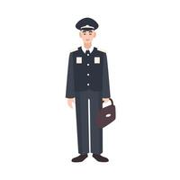 Smiling soldier, military or armed force servant wearing formal uniform, cap and holding briefcase. Male cartoon character isolated on white background. Colorful illustration in flat style. vector