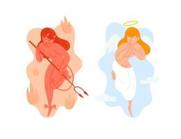 Angel with wings and Devil holding pitchfork. God and Satan. Heaven and hell creatures. Good and evil female cartoon characters isolated on white background. Colorful flat illustration. vector