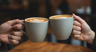 Two People Toasting with Textured Ceramic Mugs of Latte Coffee in Cozy Cafe Setting photo