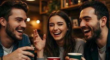 Three Friends Enjoying Lively Conversation and Coffee in Cozy Cafe with Warm Ambient Lighting photo