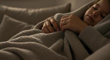 Mother Covering Child with Soft Blanket on Cozy Sofa, Family Togetherness, Comfort, Warmth, and Love in Home Setting photo