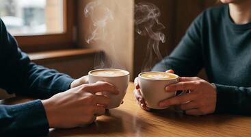 Cozy Cafe Moment with Two People Enjoying Hot Latte Coffee, Warm Atmosphere and Intimate Conversation photo