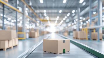 Cardboard tech gliding high through automated conveyor system, representing smoothly innovation manufacturing precision and industrial boxes photo