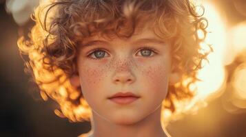 A young Caucasian field. with curly blond hair and blue eyes stands in a sunlit boy His face is adorned with freckles, creating a charming and innocent appearance. photo