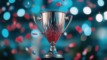 Gleaming silver sports against with cascading confetti, symbolizing championship triumph award softly blurred celebratory backdrop photo