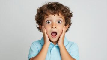 Preschool boy with wide open eyes mouth surprise expressing and and amazement while holding cheeks with hands photo