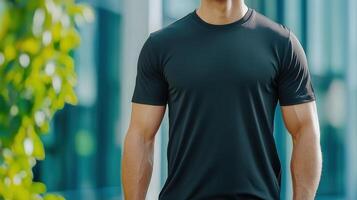 Close up of man muscular a wearing a plain black t shirt, perfect for showcasing custom designs or logos photo