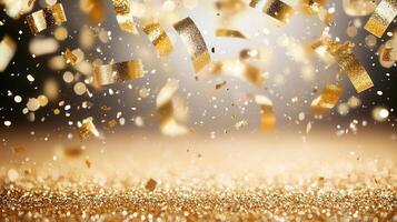 Golden confetti mood over shimmering glitter cascading evoking celebratory surface, for festive events and joyous moments photo