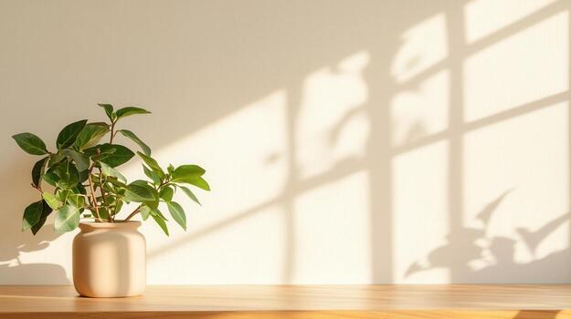 Bright patterns filtering through window blinds creating geometric shadow verdant across sunlight houseplant leaves photo