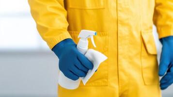 person a or yellow jacket and blue gloves holds a spray bottle and cloth. The background is bright and minimalistic, suggesting a cleaning wearing maintenance theme. photo
