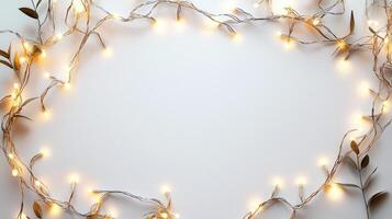 Festive surface, string framing green eucalyptus branches against crisp white lights radiating seasonal warmth and elegance photo