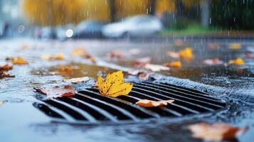 Raindrops on splattering wet autumn ground, creating circular patterns among scattered golden and russet leaves photo