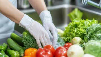Hands wearing white handling gloves fresh vegetables in a sink. The scene includes tomatoes, cucumbers, lettuce, and bell peppers, emphasizing healthy food preparation. photo