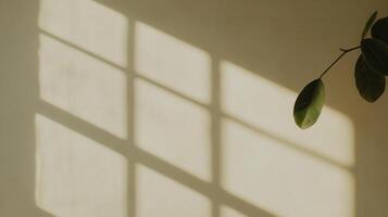 Bright sunlight filtering through window blinds houseplant geometric shadow patterns across verdant creating leaves photo