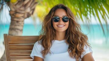 Smiling woman wearing sunglasses lounging on beachside surrounding tropical palms bench, azure sky and her photo