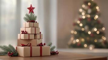 Christmas gift boxes stacked forming festive tree silhouette, adorned topper red ribbons, berries, pine greenery, red star with against soft focus holiday background photo