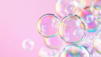 Delicate soap in drifting across soft pink backdrop, reflecting shimmering iridescent colors ethereal, bubbles whimsical composition photo
