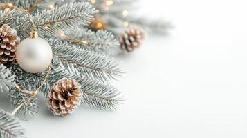 Christmas winter decoration pine frosted copy cones and fir tree branches on light blue background with with space photo