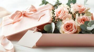 Pink and white eucalyptus with roses leaves arranged in a pink gift box with a blank card, creating a beautiful and romantic gift photo