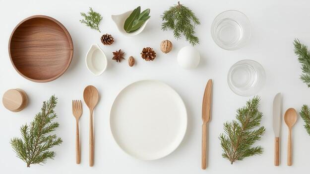 Refined holiday dining setup with pristine porcelain, gleaming silverware, crystal glassware, adorned with delicate evergreen branches and frosted white ornaments photo