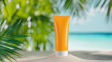 Sunscreen lotion in blurred tube standing on white sand with orange palm trees and turquoise ocean in the background, promoting sun protection during summer vacation photo