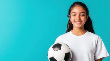 Happy young girl in soccer white backdrop uniform playing with two soccer balls, smiling confidently against a vibrant a blue photo