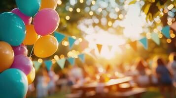 sunset Festive gathering with summer decorations, twinkling lights, refreshments, blurred party background colorful by golden illuminated glow photo