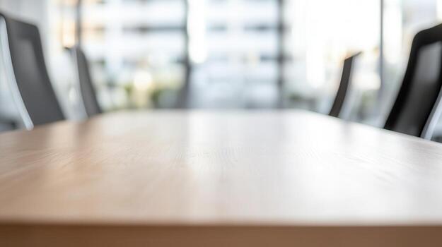 Wooden table surface in focus with blurred office background, creating a professional and business atmosphere oriented photo