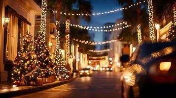 Festive city street glowing with decorated christmas trees, luminous string lights softening passing car headlights during twilight hours photo