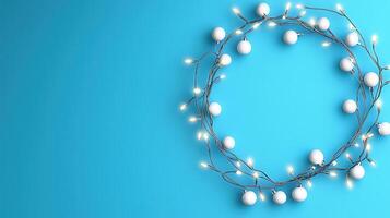 Glowing white fairy lights forming circular pattern against festive bright background, creating whimsical blue ambiance photo
