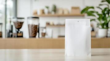 White paper packaging stands beside a pile of coffee beans on a wooden table in a warmly lit cafe, creating a cozy and inviting atmosphere photo