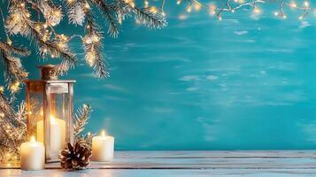 Glowing lantern nestled among cozy pine branches, pine cones, and twinkling lights, radiating snowy christmas warmth and enchantment photo