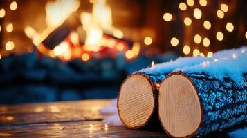 Birch christmas burning, festive casting warm glow inside rustic fireplace during firewood winter evening photo